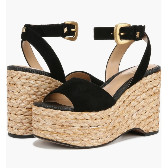 Sam Edelman Shoes - NWT Sam Edelman April Ankle-Strap Raffia-Wedge Sandals‎ Black Size 6.5